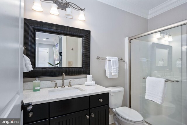913A Caroline St, Fredericksburg, VA 22401 - bathroom featuring crown molding, vanity, a stall shower, and toilet