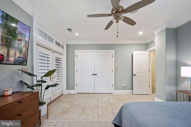 913A Caroline St, Fredericksburg, VA 22401 - bedroom featuring ornamental molding, recessed lighting, baseboards, light tile patterned floors, and ceiling fan