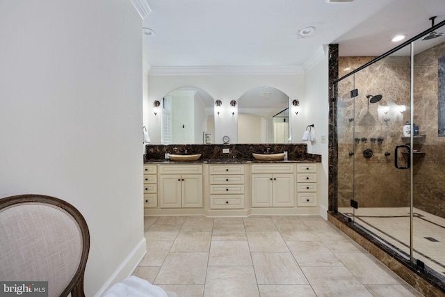 913A Caroline St, Fredericksburg, VA 22401 - full bath featuring double vanity, ornamental molding, and a stall shower