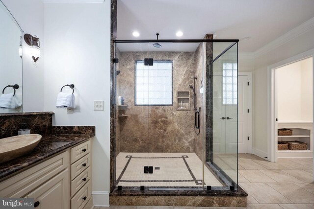 913A Caroline St, Fredericksburg, VA 22401 - bathroom featuring a shower stall, vanity, crown molding, baseboards, and recessed lighting