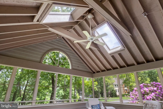 2 Turnberry Way, New Hope, PA 18938 - unfurnished sunroom with a skylight, ceiling fan, and lofted ceiling