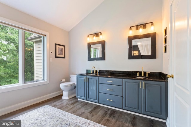 2 Turnberry Way, New Hope, PA 18938 - bathroom with vaulted ceiling, toilet, wood finished floors, double vanity, and baseboards