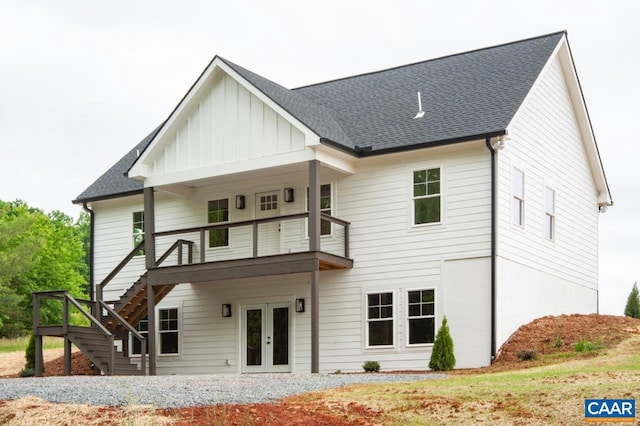 205 League Ln, Lovingston, VA 22949 - rear view of house with french doors, board and batten siding, stairs, and a shingled roof