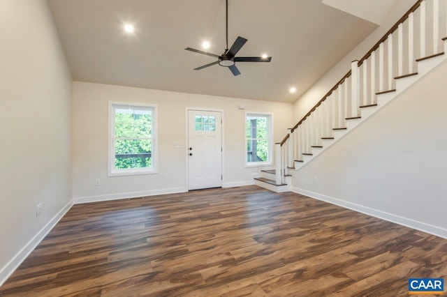 205 League Ln, Lovingston, VA 22949 - entryway with stairway, a ceiling fan, lofted ceiling, baseboards, and dark wood-style flooring