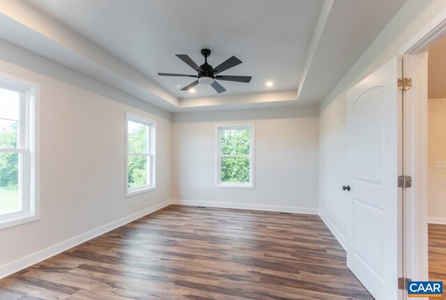 205 League Ln, Lovingston, VA 22949 - unfurnished room with a raised ceiling, dark wood-style flooring, baseboards, a ceiling fan, and recessed lighting