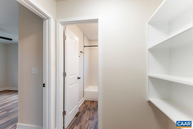 205 League Ln, Lovingston, VA 22949 - hall featuring dark wood-type flooring and baseboards