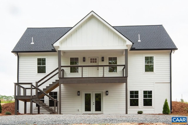 205 League Ln, Lovingston, VA 22949 - back of property featuring french doors, stairs, board and batten siding, and a shingled roof
