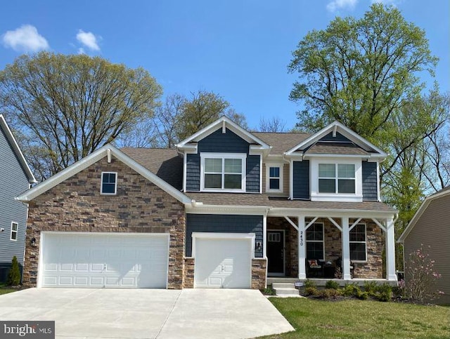 826 Long Meadow Dr, Fredericksburg, VA 22406 - craftsman inspired home featuring covered porch, driveway, stone siding, a front lawn, and a garage