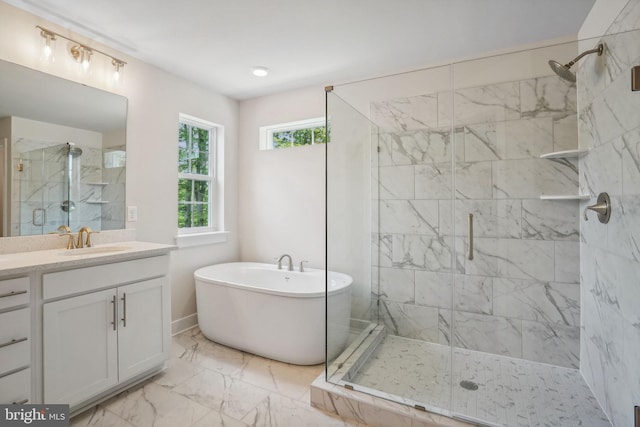 826 Long Meadow Dr, Fredericksburg, VA 22406 - bathroom with a shower stall, marble look tiles, vanity, and a freestanding bath