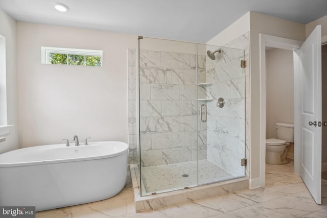 826 Long Meadow Dr, Fredericksburg, VA 22406 - full bath featuring marble look tiles, a shower stall, toilet, a freestanding tub, and recessed lighting