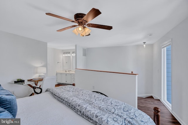 6190 Little Valley Way, Alexandria, VA 22310 - bedroom with dark wood finished floors, ceiling fan, baseboards, and ensuite bath