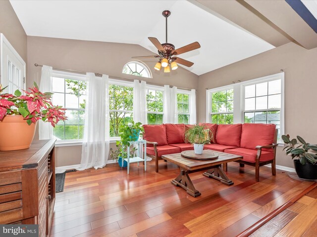 2619 Washington Way, Manchester, MD 21102 - living room featuring plenty of natural light, vaulted ceiling, a ceiling fan, and wood-type flooring