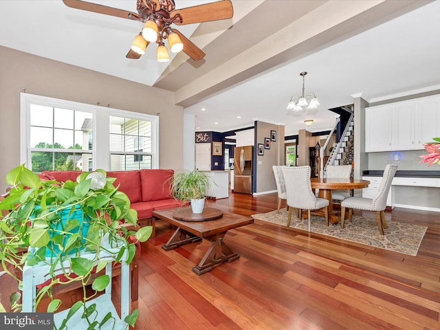 2619 Washington Way, Manchester, MD 21102 - living room with wood finished floors, stairway, a chandelier, and recessed lighting