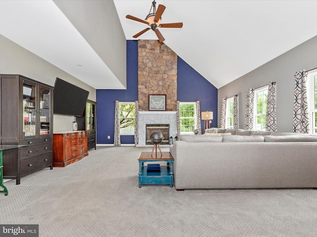 2619 Washington Way, Manchester, MD 21102 - carpeted living room with ceiling fan, high vaulted ceiling, and a fireplace