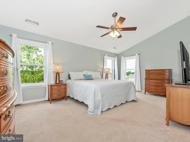 2619 Washington Way, Manchester, MD 21102 - bedroom featuring light colored carpet, vaulted ceiling, ceiling fan, and baseboards