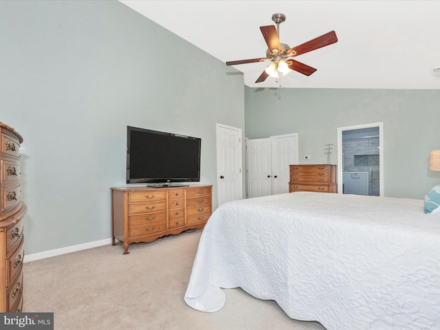 2619 Washington Way, Manchester, MD 21102 - bedroom featuring light carpet, ceiling fan, baseboards, high vaulted ceiling, and connected bathroom