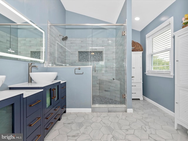2619 Washington Way, Manchester, MD 21102 - full bath featuring vanity, a stall shower, lofted ceiling, and baseboards