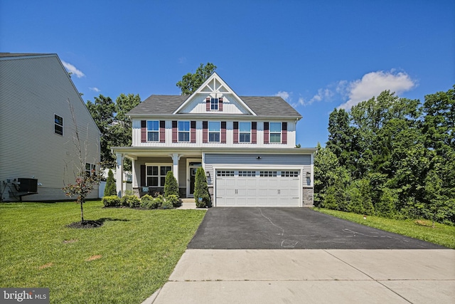 6023 Charles Henry Pl, Hanover, MD 21076 - view of front facade featuring driveway, a porch, an attached garage, a front lawn, and central AC unit