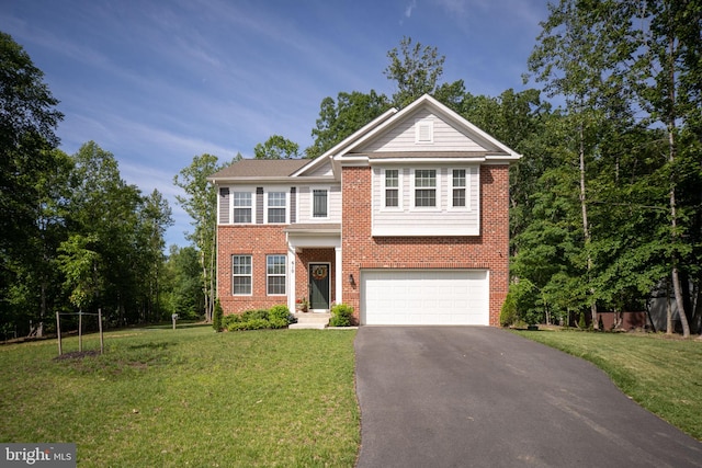 610 Long Meadow Dr, Fredericksburg, VA 22406 - view of front of home featuring asphalt driveway, a garage, brick siding, and a front lawn