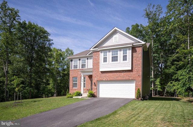 610 Long Meadow Dr, Fredericksburg, VA 22406 - view of front of property featuring asphalt driveway, an attached garage, a front lawn, and brick siding