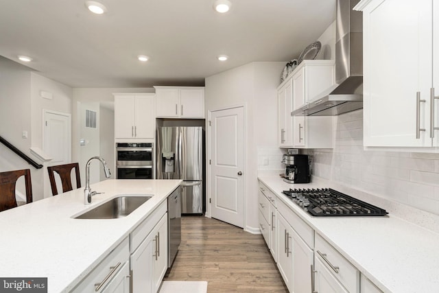 610 Long Meadow Dr, Fredericksburg, VA 22406 - kitchen with a sink, appliances with stainless steel finishes, wall chimney range hood, white cabinetry, and light countertops