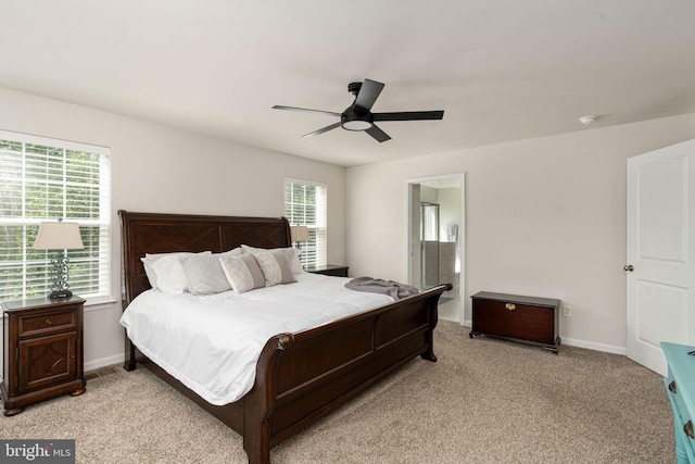 610 Long Meadow Dr, Fredericksburg, VA 22406 - bedroom featuring light colored carpet, a ceiling fan, baseboards, and ensuite bath