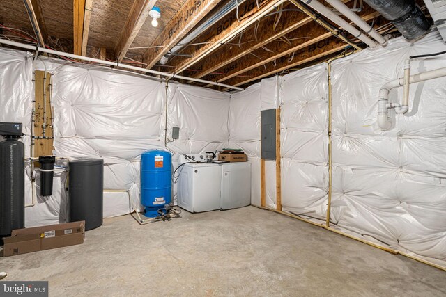 610 Long Meadow Dr, Fredericksburg, VA 22406 - unfinished basement featuring a water pressure tank, washer and clothes dryer, electric panel, and a water softener system