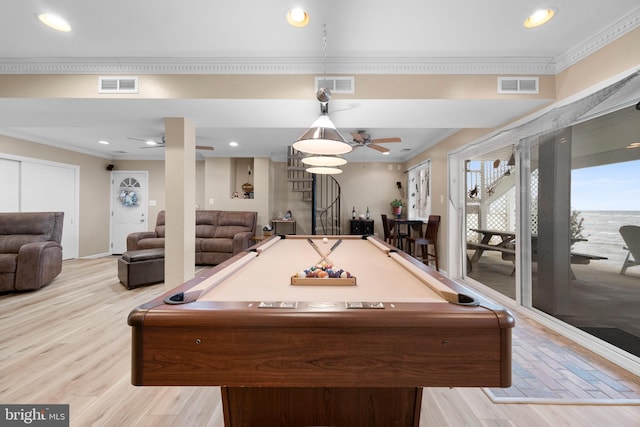 295 Chesapeake Ave, Prince Frederick, MD 20678 - playroom with a ceiling fan, crown molding, light wood-type flooring, pool table, and recessed lighting