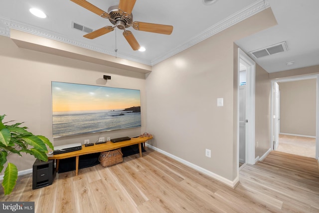 295 Chesapeake Ave, Prince Frederick, MD 20678 - living area featuring baseboards, wood finished floors, ceiling fan, crown molding, and recessed lighting