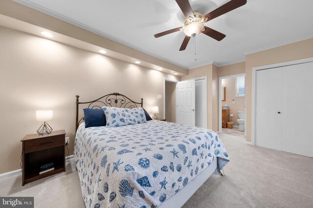295 Chesapeake Ave, Prince Frederick, MD 20678 - bedroom featuring light carpet, ornamental molding, connected bathroom, recessed lighting, and ceiling fan