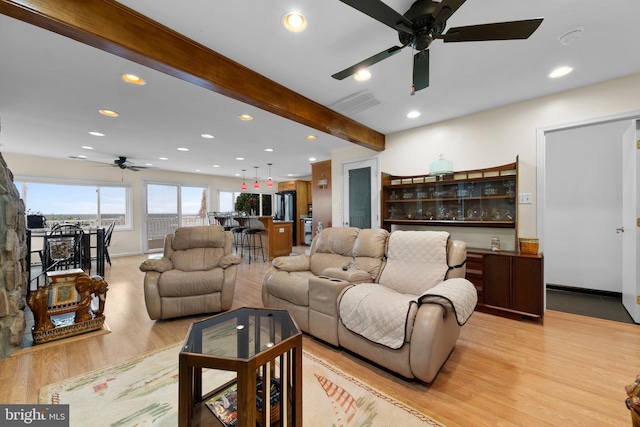295 Chesapeake Ave, Prince Frederick, MD 20678 - living room featuring ceiling fan, light wood-style floors, beam ceiling, recessed lighting, and baseboards