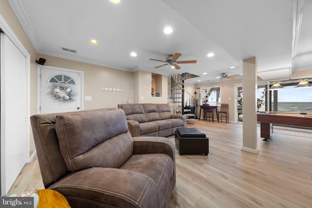 295 Chesapeake Ave, Prince Frederick, MD 20678 - living area with crown molding, a ceiling fan, recessed lighting, stairs, and light wood-style floors