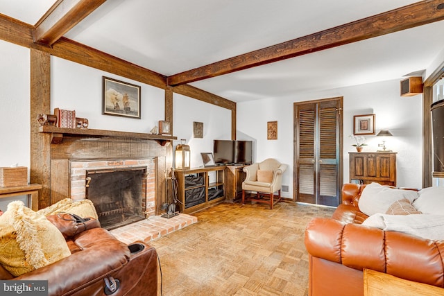 18919 Diary Rd, Montgomery Village, MD 20886 - living room featuring beam ceiling, a brick fireplace, and baseboards
