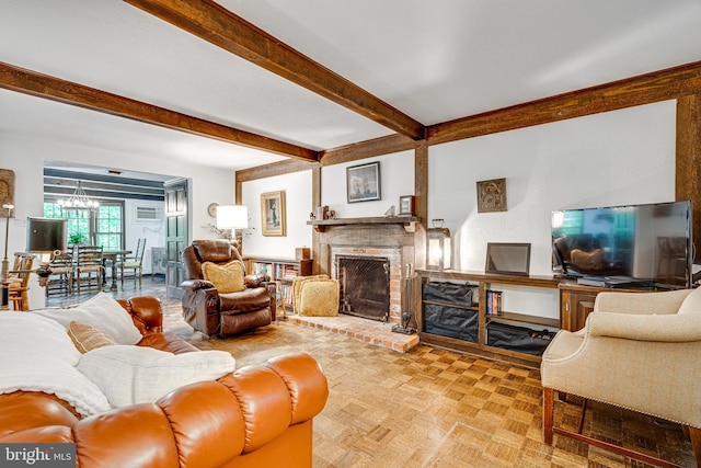 18919 Diary Rd, Montgomery Village, MD 20886 - living room featuring a brick fireplace, beam ceiling, and a chandelier