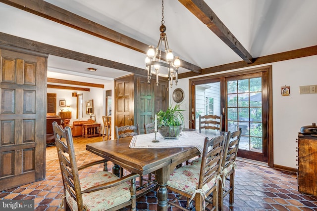 18919 Diary Rd, Montgomery Village, MD 20886 - dining space with beamed ceiling, baseboards, and a chandelier