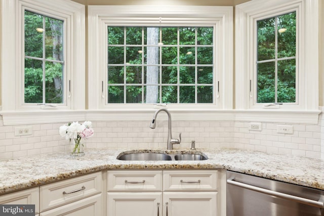 13016 Brookmead Dr, Manassas, VA 20112 - kitchen with dishwasher, a sink, tasteful backsplash, white cabinets, and light stone countertops
