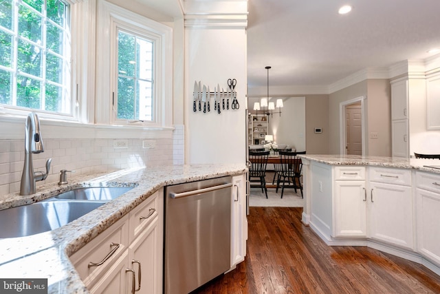 13016 Brookmead Dr, Manassas, VA 20112 - kitchen featuring dishwasher, a sink, plenty of natural light, dark wood finished floors, and ornamental molding
