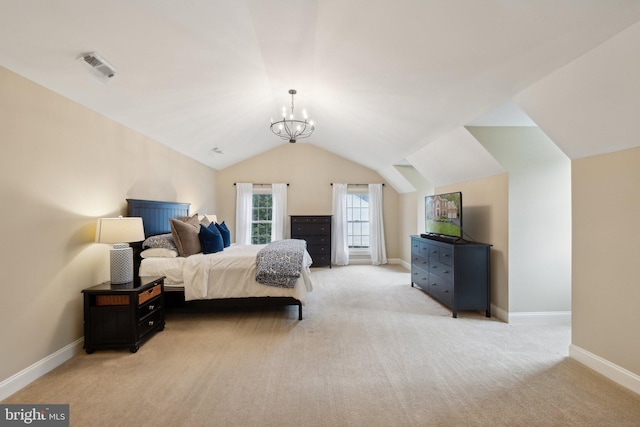 13016 Brookmead Dr, Manassas, VA 20112 - bedroom with a chandelier, light colored carpet, vaulted ceiling, and baseboards