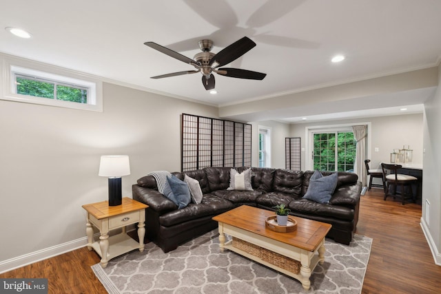 13016 Brookmead Dr, Manassas, VA 20112 - living room with a ceiling fan, wood finished floors, ornamental molding, baseboards, and recessed lighting
