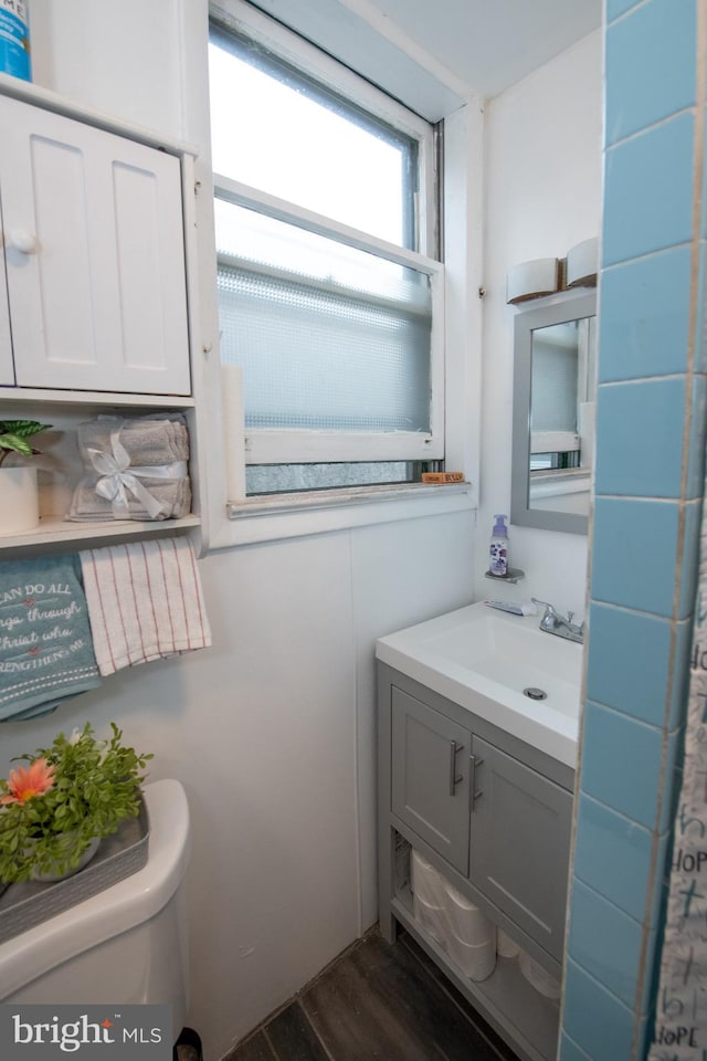 3444 G St, Philadelphia, PA 19134 - bathroom featuring vanity, wood finished floors, and toilet