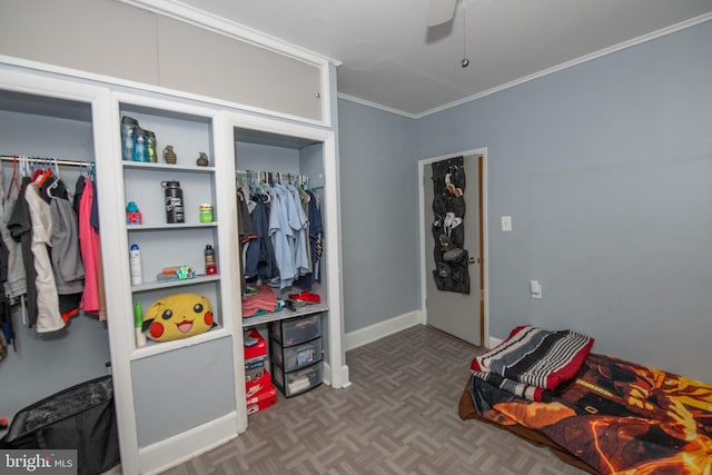 3444 G St, Philadelphia, PA 19134 - bedroom with crown molding, a ceiling fan, and two closets