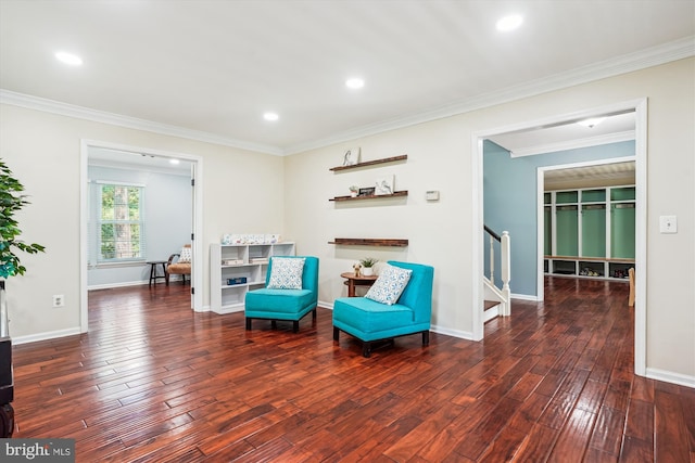 16719 Tintagel Ct, Dumfries, VA 22025 - living area featuring ornamental molding, wood finished floors, stairs, baseboards, and recessed lighting