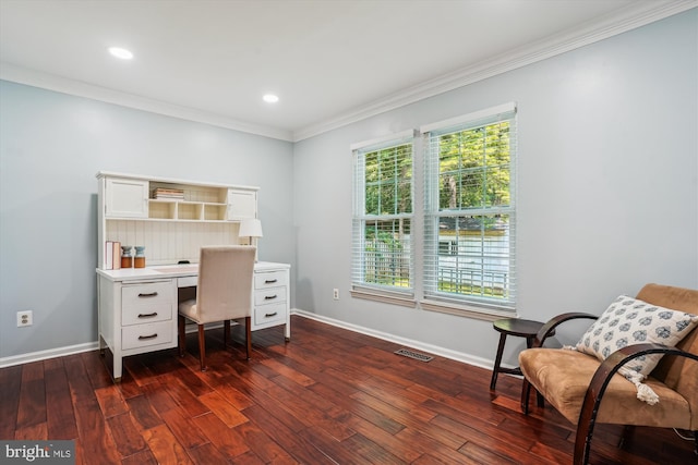 16719 Tintagel Ct, Dumfries, VA 22025 - office space featuring ornamental molding, baseboards, dark wood-style floors, and recessed lighting
