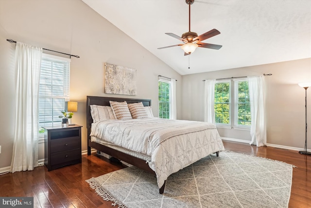 16719 Tintagel Ct, Dumfries, VA 22025 - bedroom featuring wood finished floors, baseboards, high vaulted ceiling, and a ceiling fan