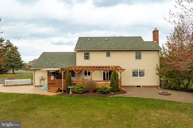 290 S Windy Mansion Rd, Denver, PA 17517 - rear view of property featuring a wooden deck, a pergola, a fire pit, a chimney, and a patio area