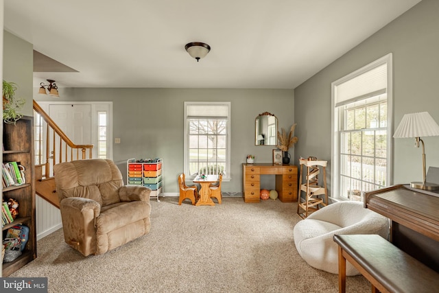 290 S Windy Mansion Rd, Denver, PA 17517 - living room featuring plenty of natural light, carpet, baseboards, and stairway