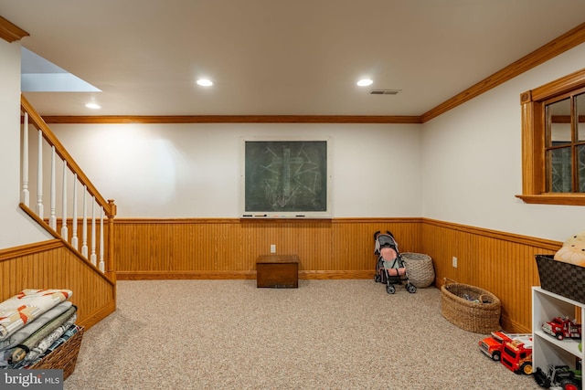 290 S Windy Mansion Rd, Denver, PA 17517 - playroom with a wainscoted wall, ornamental molding, carpet, recessed lighting, and wooden walls