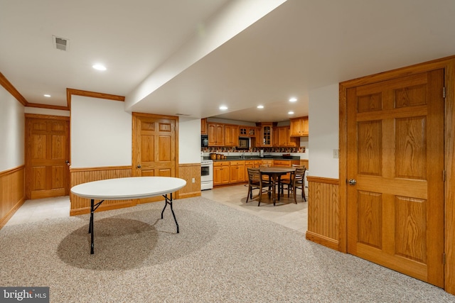 290 S Windy Mansion Rd, Denver, PA 17517 - rec room with recessed lighting, wainscoting, ornamental molding, a sink, and light colored carpet