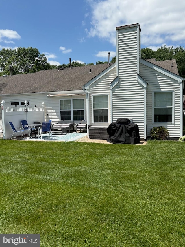 9 Peppergrass Dr N, Mount Laurel, NJ 08054 - rear view of property with a patio, a lawn, a chimney, and roof with shingles