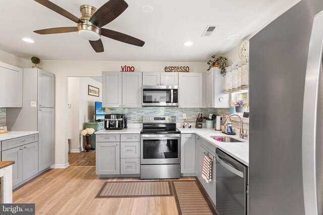 9 Peppergrass Dr N, Mount Laurel, NJ 08054 - kitchen with stainless steel appliances, a sink, gray cabinetry, decorative backsplash, and recessed lighting